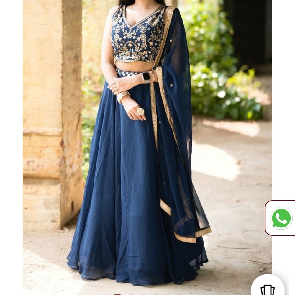 Navy Blue Color Georgette Plain Lehenga Choli With Unstitched Blouse And Dupatta